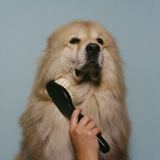 A thick-coated dog being brushed out during a de-shed